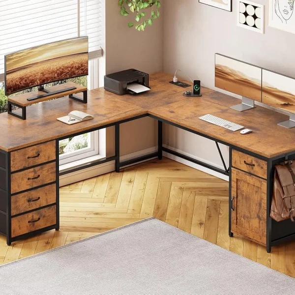 L Shaped Desk, 63" Computer Desk with 5 Drawer