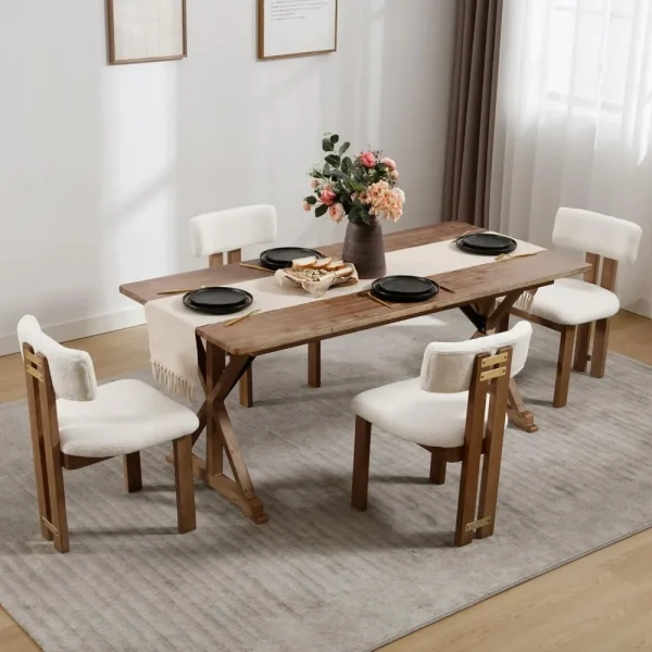 Sherpa Boucle Wooden Dining Chairs Set of 4