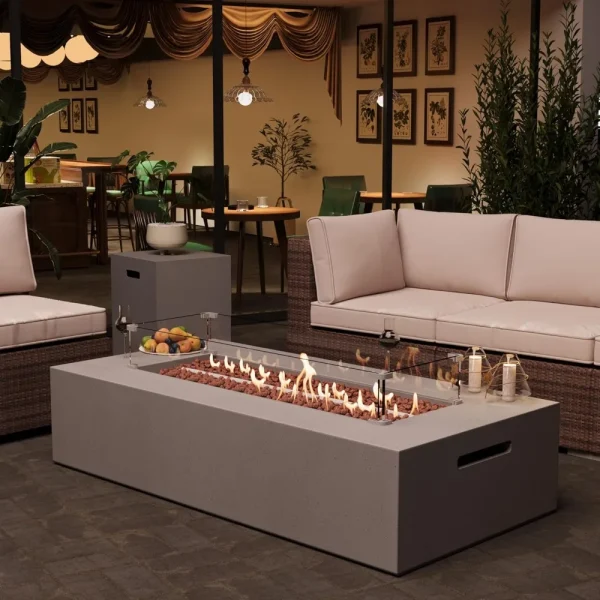 3-Piece Propane Fire Pit Table Set w Glass Wind Guard